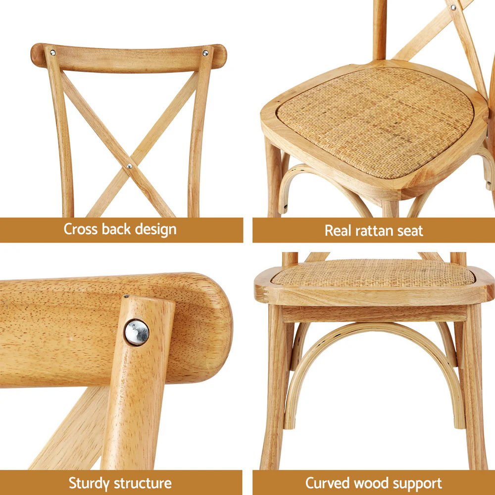 Set of 2 Dining Chairs Rattan Wooden Kitchen Accent Chair Cafe Lounge Rubber Wood - Image 6