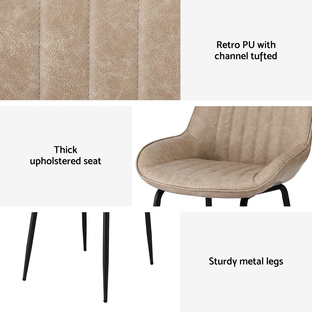 Set of 2 Dining Chairs Retro PU Leather Kitchen Lounge Cafe Accent Chair Khaki - Image 6
