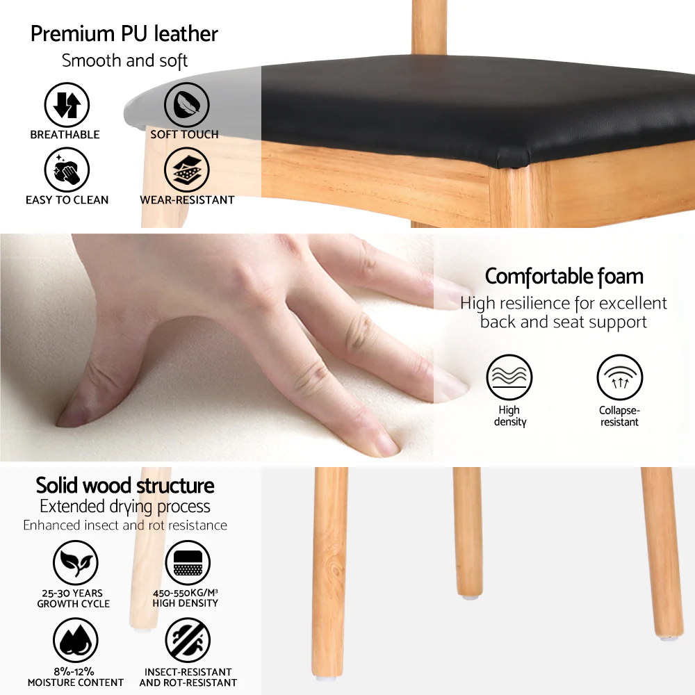 Set of 2 Dining Chairs Rubber Wood Leather Seat Black - Image 5
