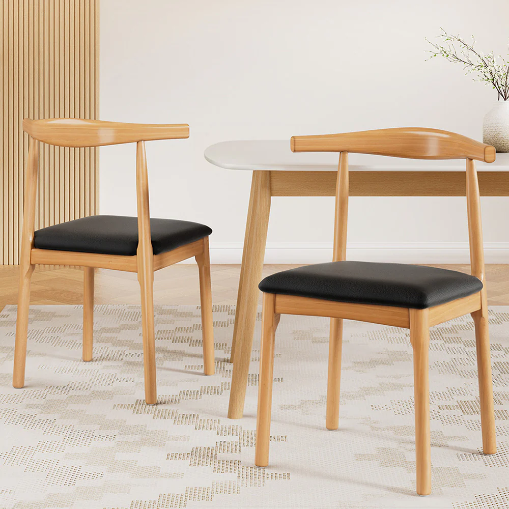 Set of 2 Dining Chairs Rubber Wood Leather Seat Black - Image 7