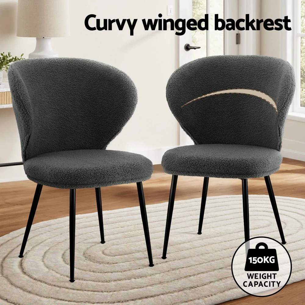 Set of 2 Dining Chairs Sherpa Boucle Wing Back Grey - Image 4