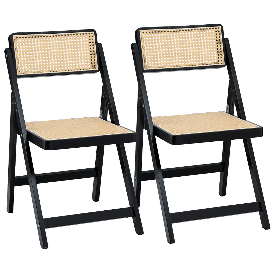 Set of 2 Dining Chairs Wooden Rattan Foldable Black