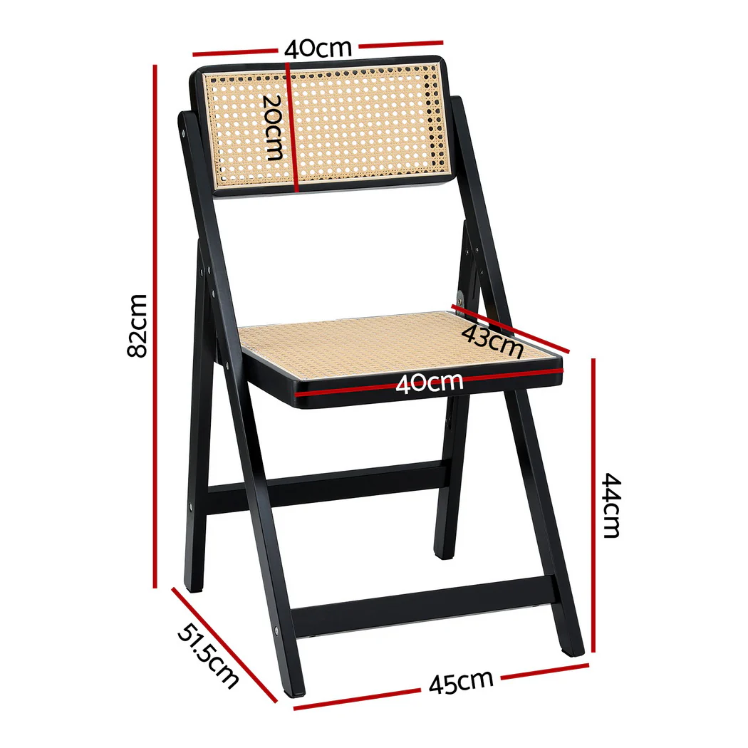 Set of 2 Dining Chairs Wooden Rattan Foldable Black - Image 2
