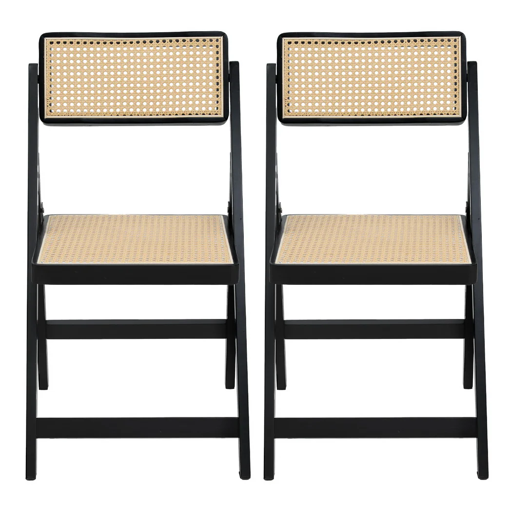 Set of 2 Dining Chairs Wooden Rattan Foldable Black - Image 3