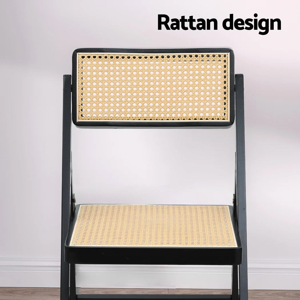 Set of 2 Dining Chairs Wooden Rattan Foldable Black - Image 4