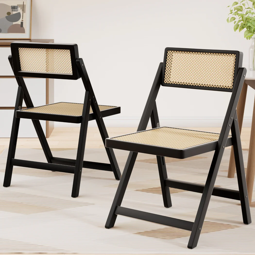 Set of 2 Dining Chairs Wooden Rattan Foldable Black - Image 7
