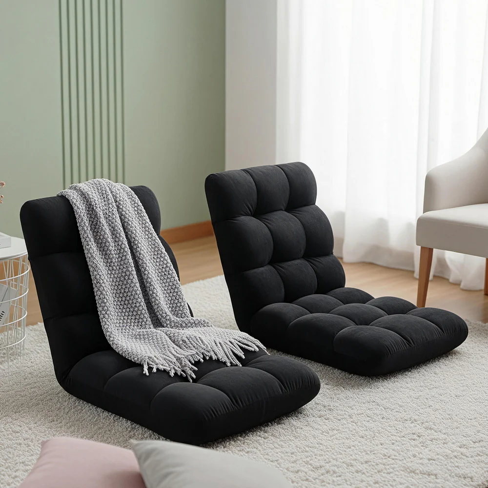 Set of 2 Lounge Sofa Bed Flannel Fabric Black - Image 7