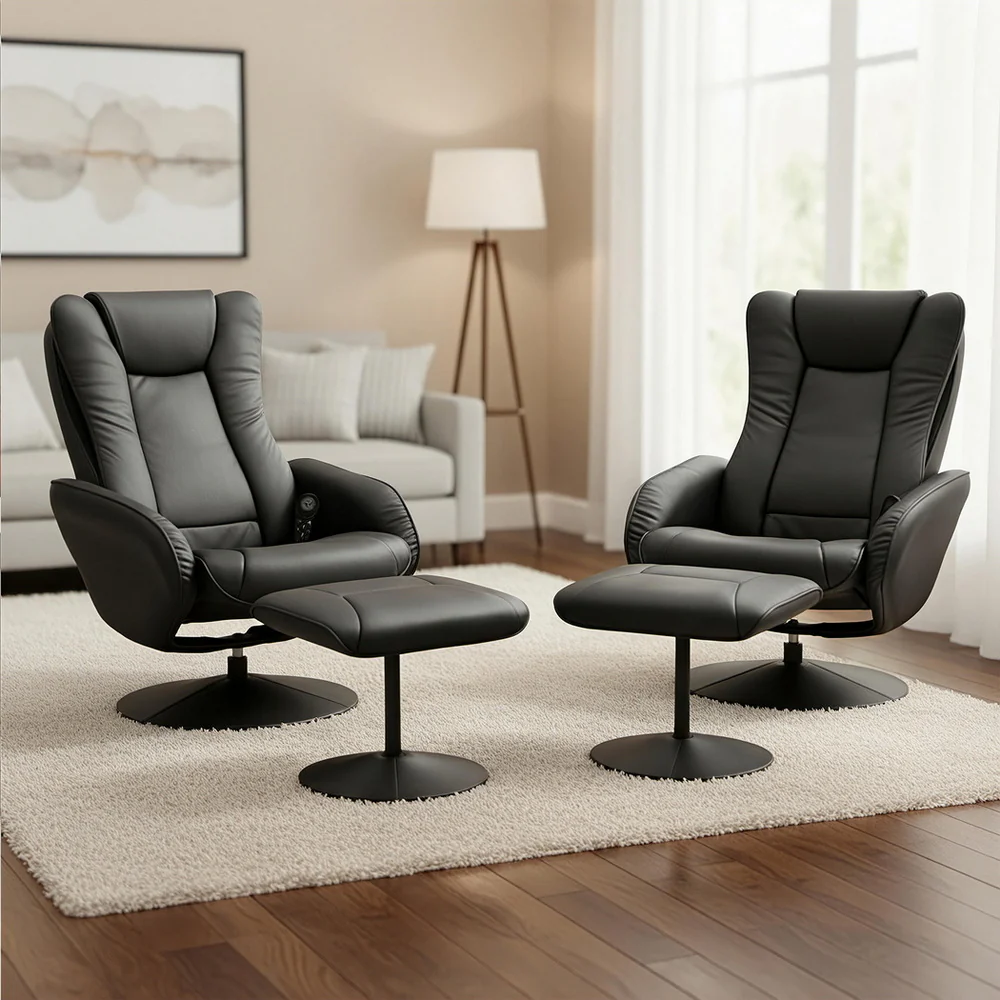 Set of 2 Recliner Chair Ottoman Heated Massage Black - Image 7