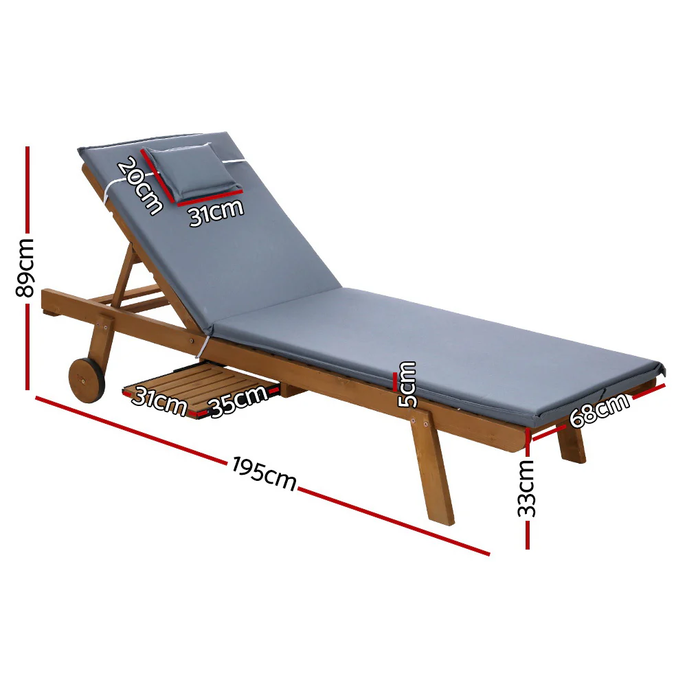 Set of 2 Sun Lounge Wooden Lounger Outdoor Furniture Day Bed Wheel Patio Grey - Image 2