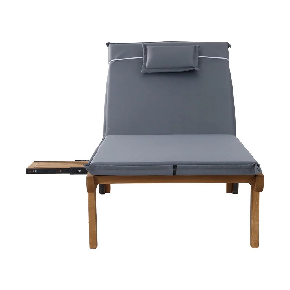 Set of 2 Sun Lounge Wooden Lounger Outdoor Furniture Day Bed Wheel Patio Grey - Image 3