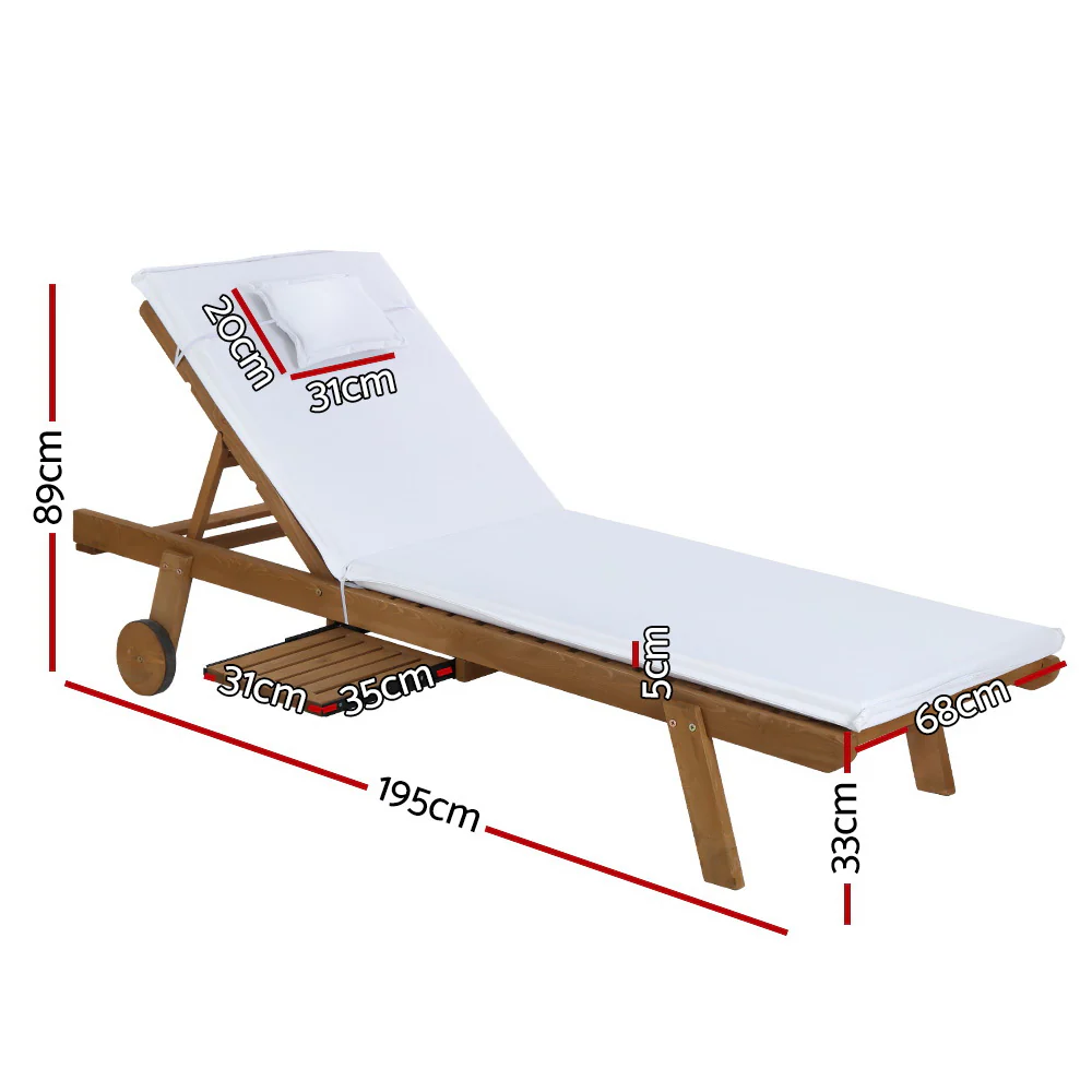 Set of 2 Sun Lounge Wooden Lounger Outdoor Furniture Day Bed Wheel Patio White - Image 2