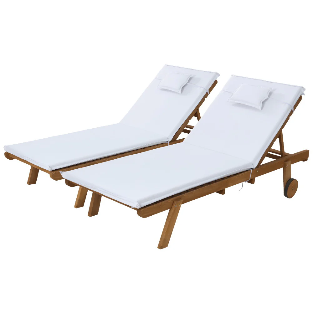 Set of 2 Sun Lounge Wooden Lounger Outdoor Furniture Day Bed Wheel Patio White - Image 7