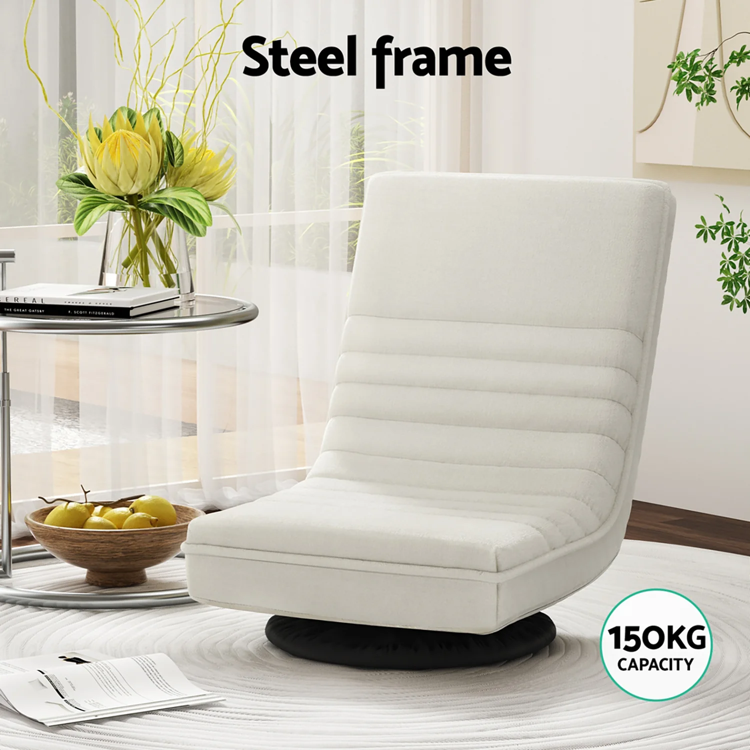 2XFloor Chair Lounge Sofa Swivel Foldable Linen White - Image 5