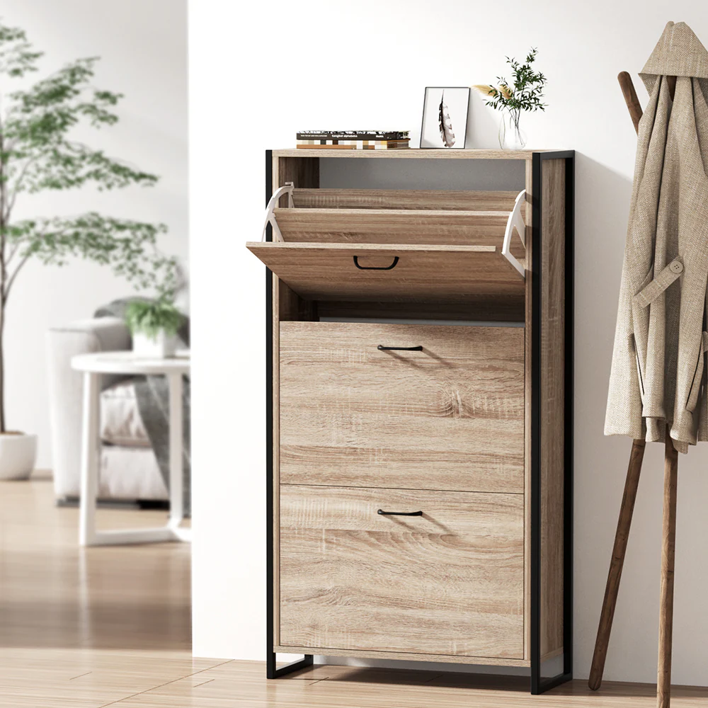 3-Compartment Industrial Shoe Cabinet – Wood Finish