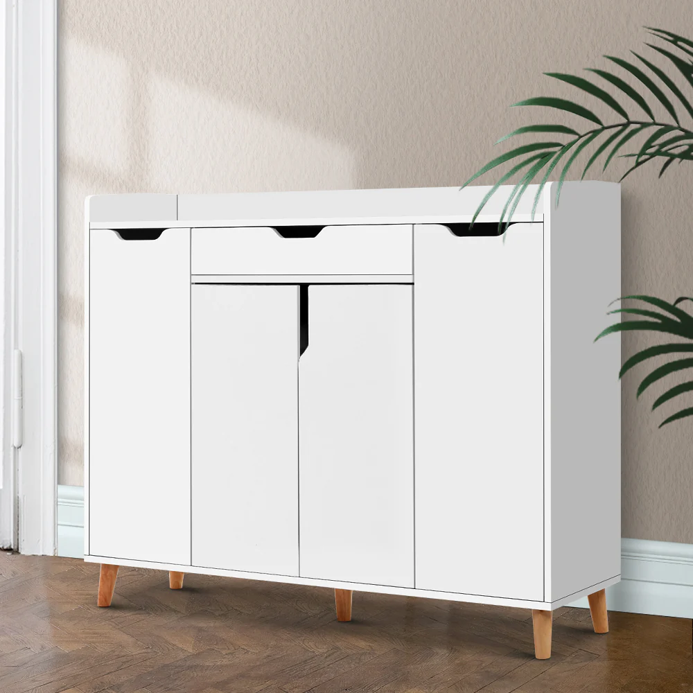 3-Compartment Shoe Cabinet with Drawer – White