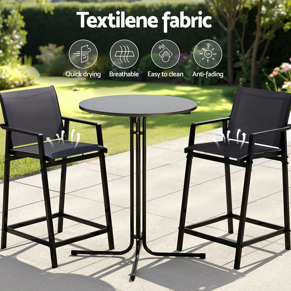 3 Piece Outdoor Bar Set with Textilene Stools & Table – Black - Image 5
