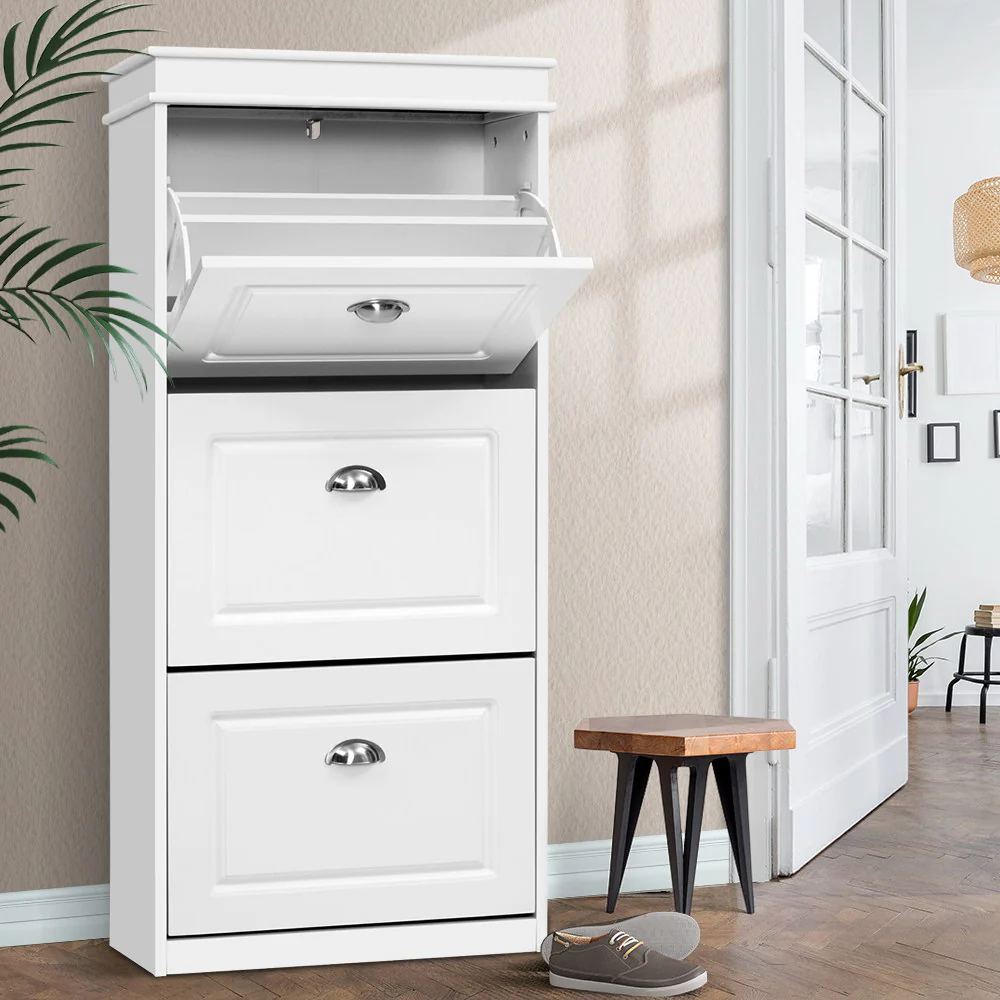 3-Tier Shoe Cabinet – White with Retro Metal Handles
