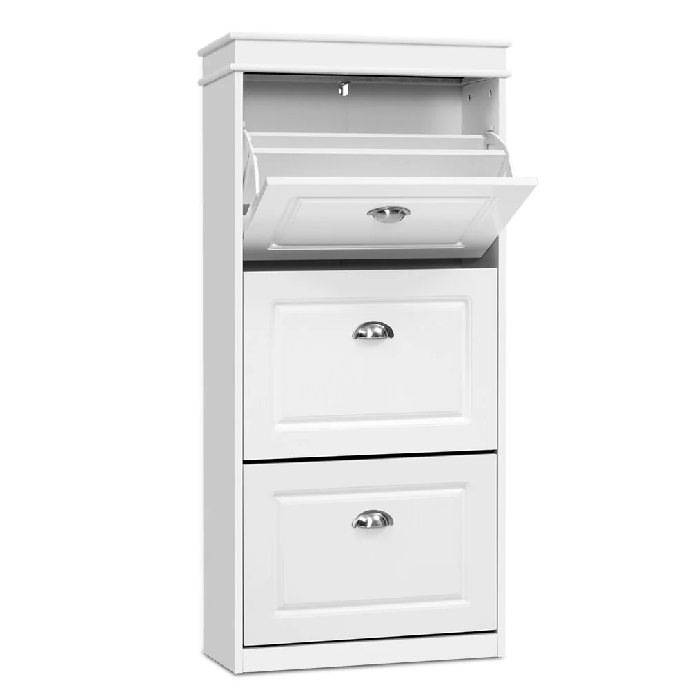 3-Tier Shoe Cabinet – White with Retro Metal Handles - Image 2