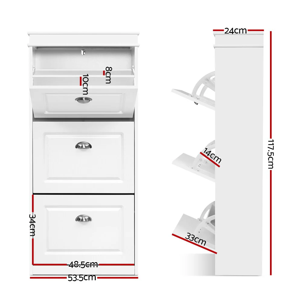 3-Tier Shoe Cabinet – White with Retro Metal Handles - Image 3
