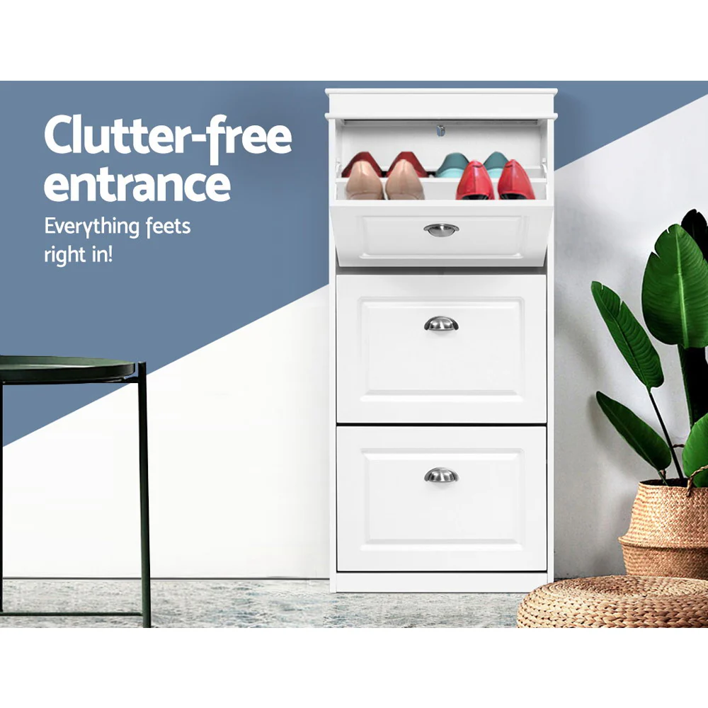 3-Tier Shoe Cabinet – White with Retro Metal Handles - Image 4