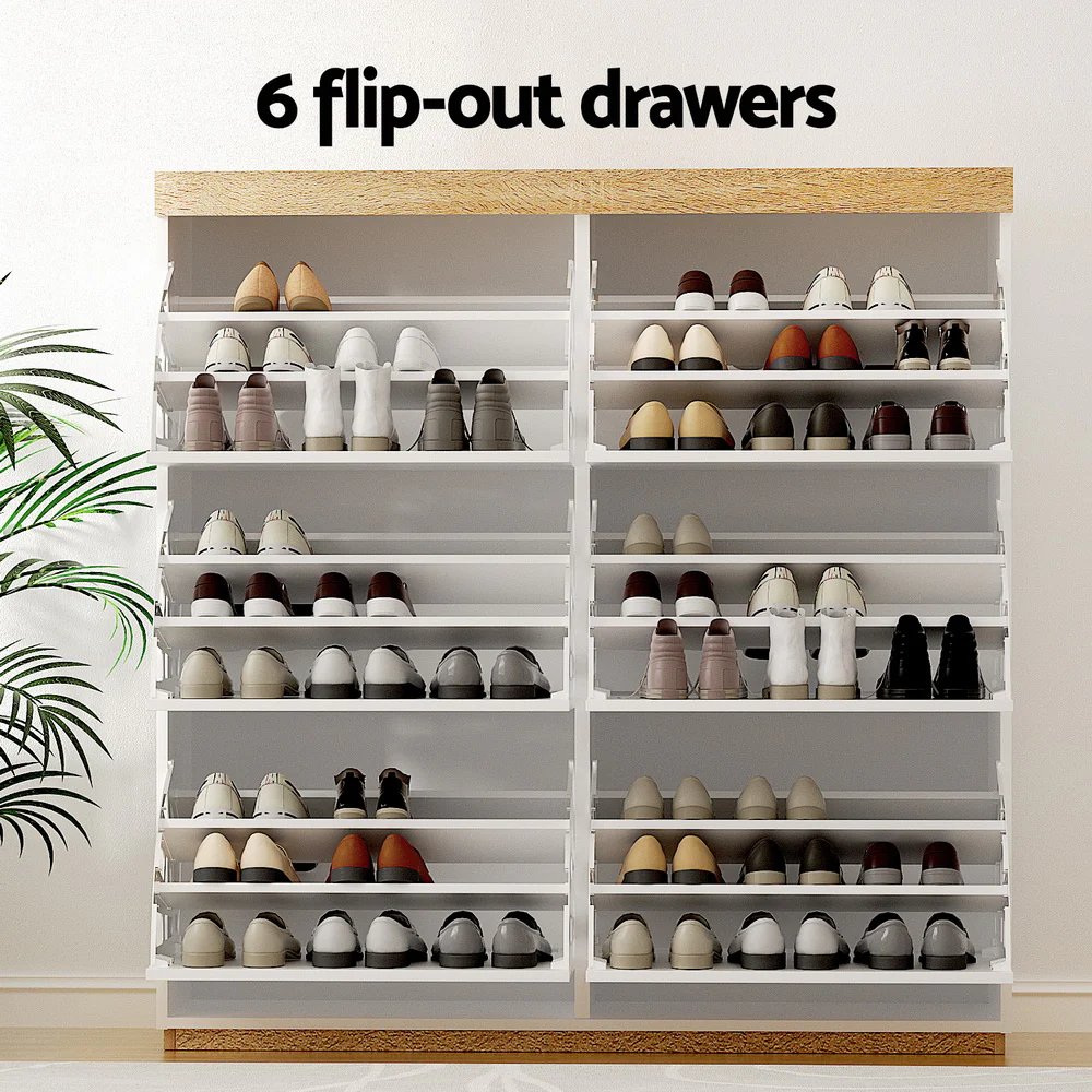 3-Tier Shoe Rack Cabinet with 6 Flip-Out Drawers – White & Pine Finish - Image 5