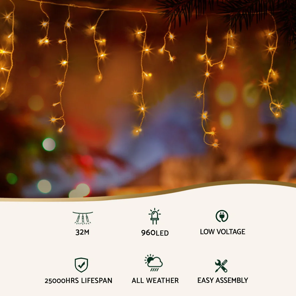 32M Christmas Lights Icicle String Light 960 LED Decor Warm White - Image 4