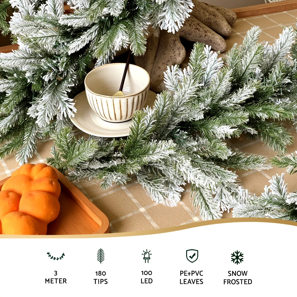 3M Christmas Garland Pre-lit LED Lights Snow Frosted Tips Decor - Image 4