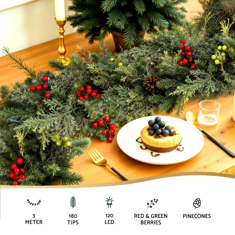 3M Christmas Garland Pre-lit LED with Pine Cones Xmas Decor Green - Image 4