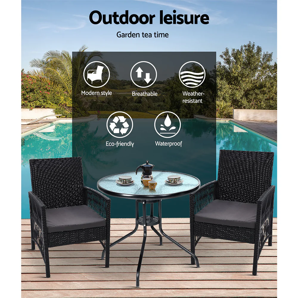 3PC Bistro Set Outdoor Furniture Rattan Table Chairs Cushion Patio Garden Lyra - Image 10