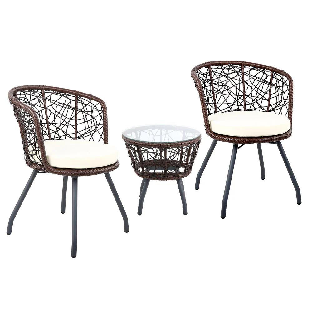 3PC Bistro Set Outdoor Furniture Rattan Table Chairs Patio Garden Cushion Brown