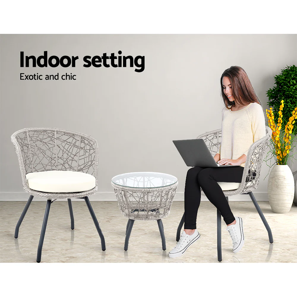 3PC Bistro Set Outdoor Furniture Rattan Table Chairs Patio Garden Cushion Grey - Image 6