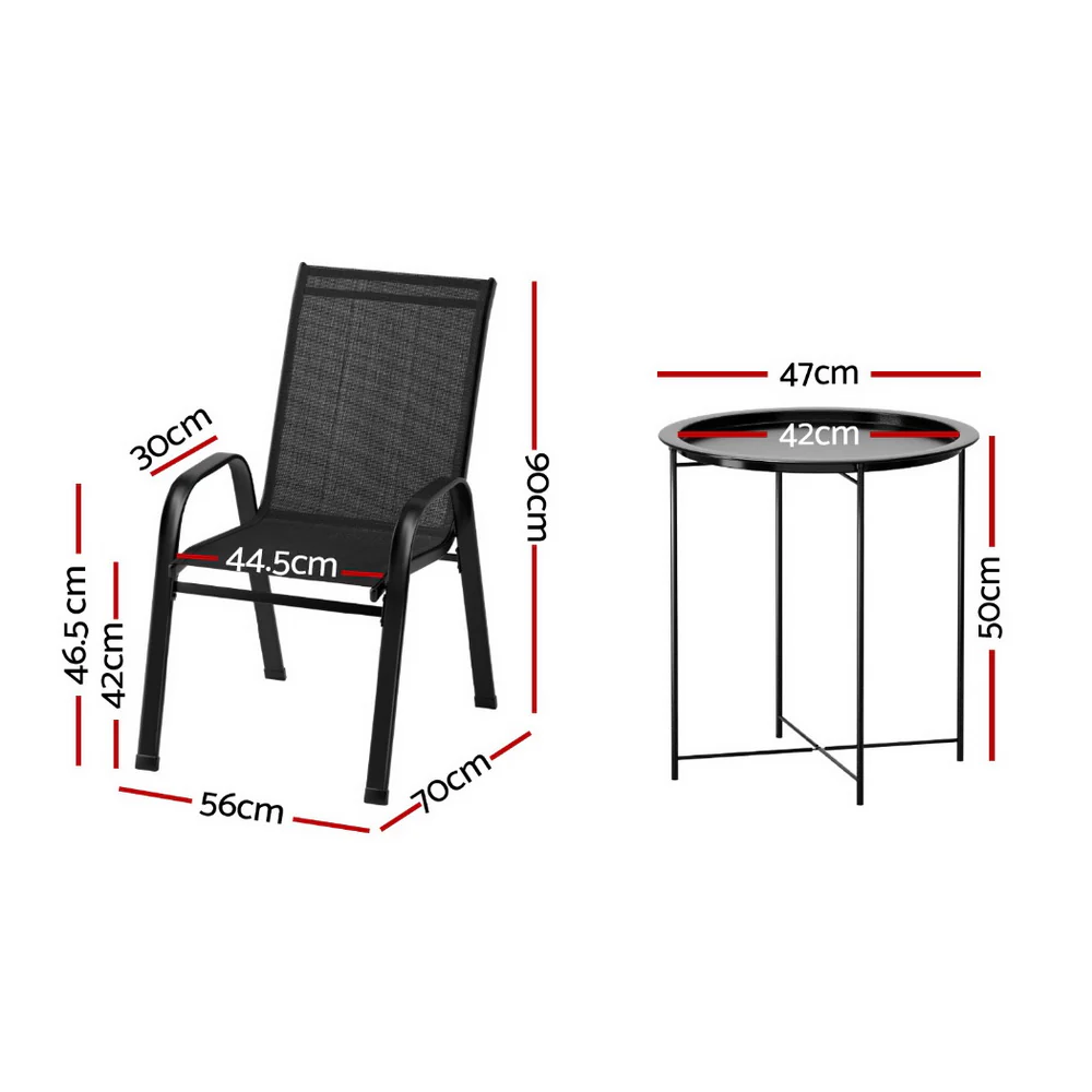 3PC Outdoor Bistro Set Patio Furniture Table and Chairs Stackable Black - Image 2