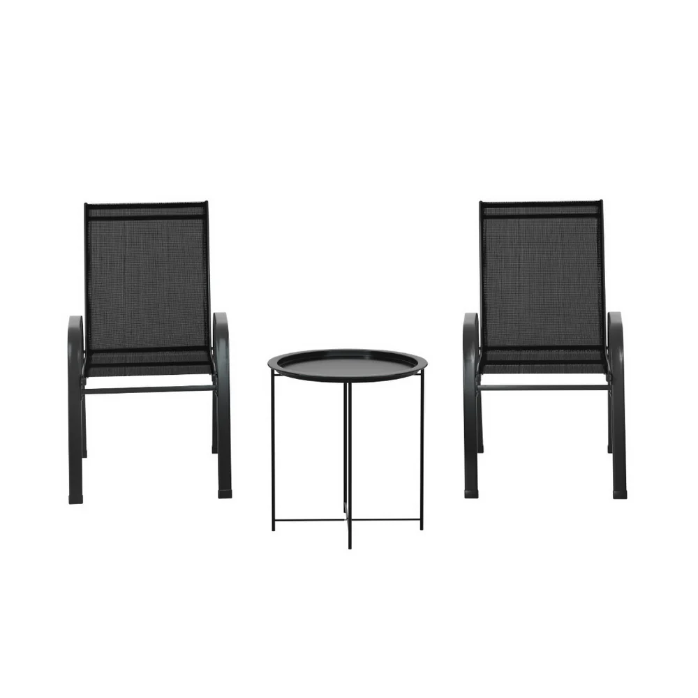 3PC Outdoor Bistro Set Patio Furniture Table and Chairs Stackable Black - Image 3