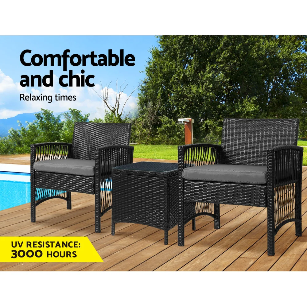 3PC Outdoor Bistro Set Patio Furniture Wicker Dining Chairs Table Cushion Black - Image 4