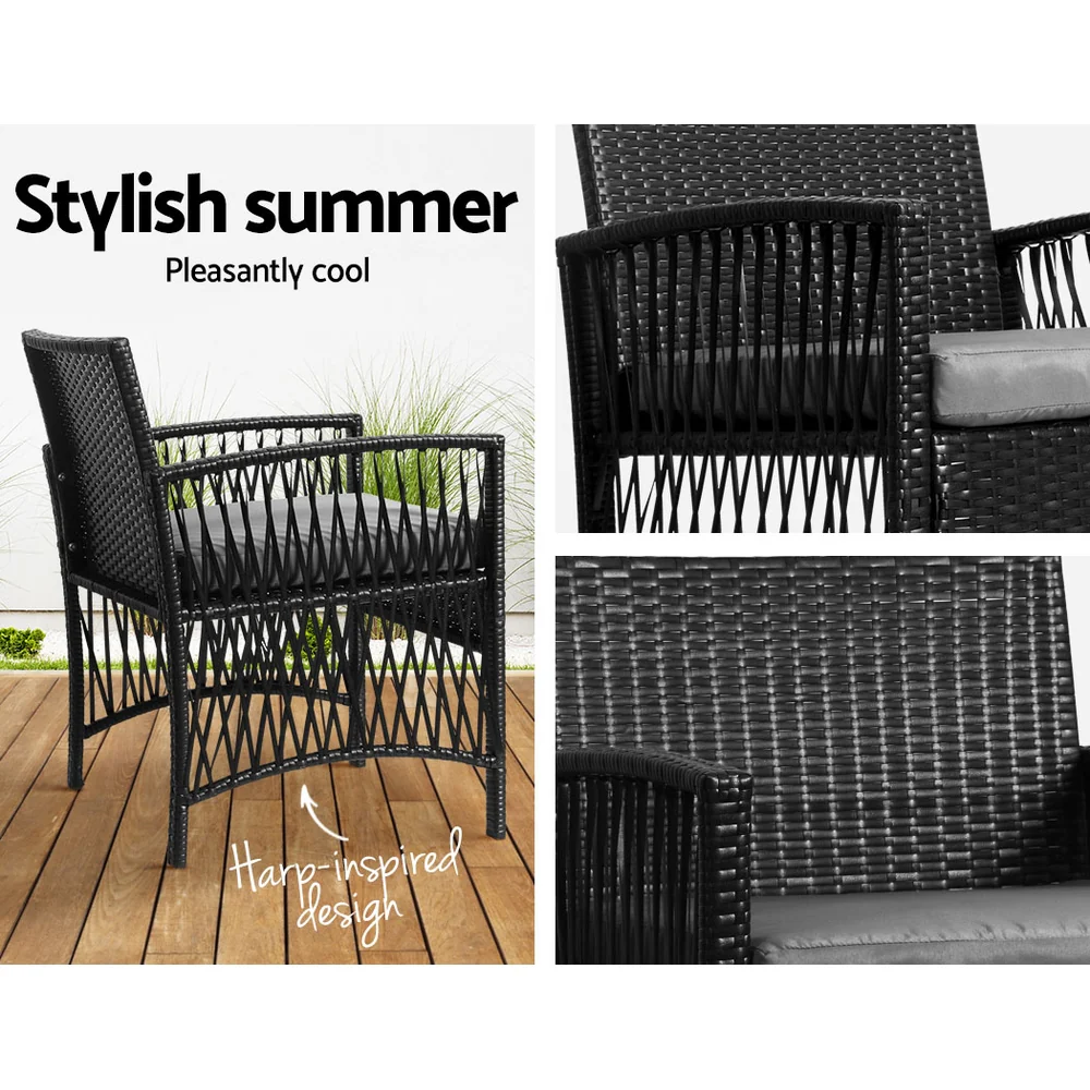 3PC Outdoor Bistro Set Patio Furniture Wicker Dining Chairs Table Cushion Black - Image 5