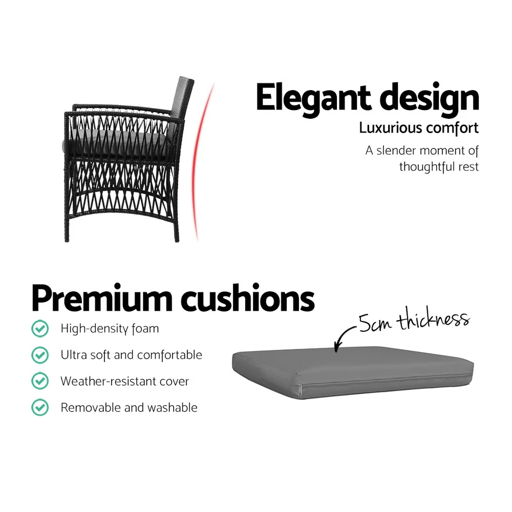 3PC Outdoor Bistro Set Patio Furniture Wicker Dining Chairs Table Cushion Black - Image 6