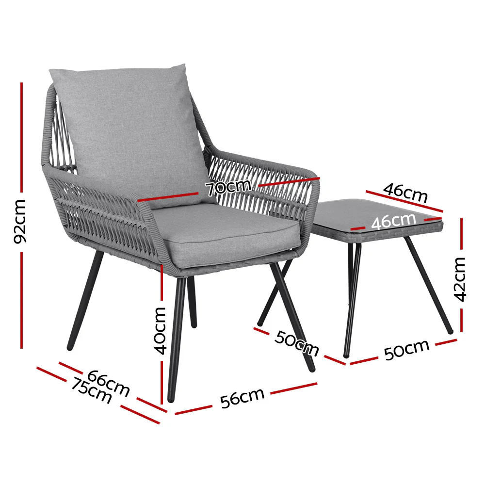 3PC Outdoor Furniture Bistro Set Lounge Setting Chairs Table Patio Grey - Image 2