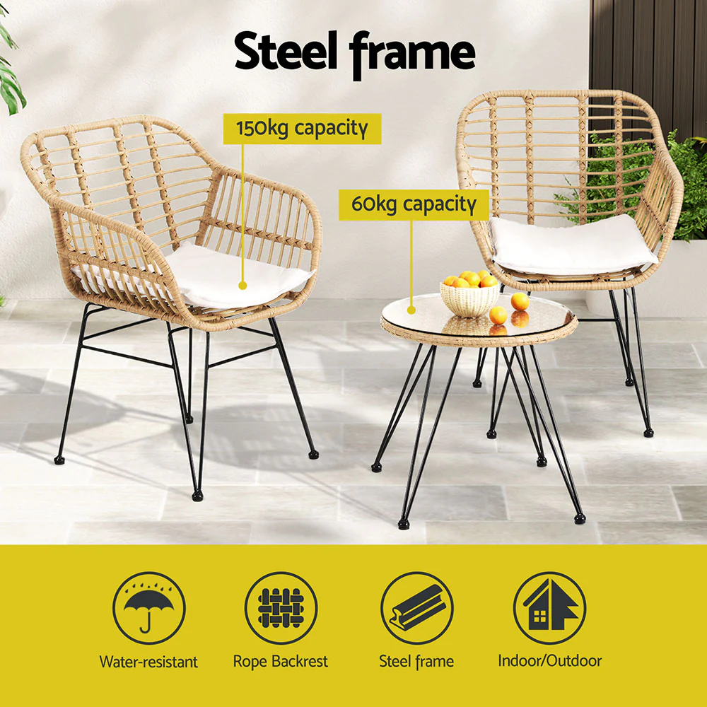 3PC Outdoor Furniture Bistro Set Lounge Setting Table Chairs Cushion Patio Grey - Image 4