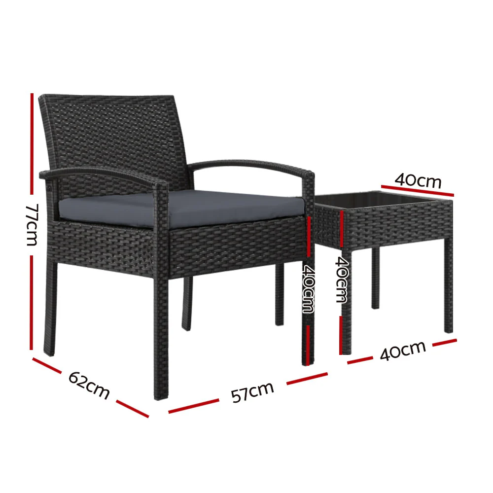 3PC Patio Furniture Bistro Set Wicker Outdoor Lounge Setting Black - Image 2