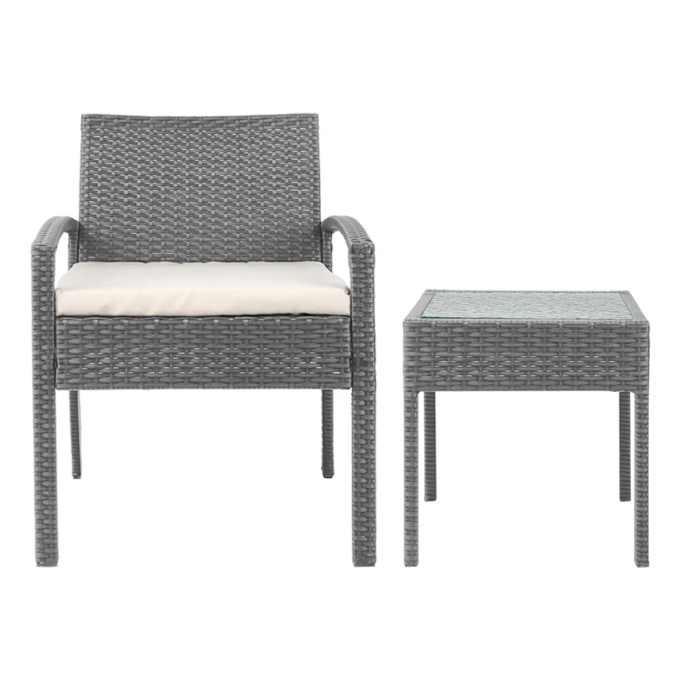 3PC Patio Furniture Bistro Set Wicker Outdoor Lounge Setting Grey - Image 3