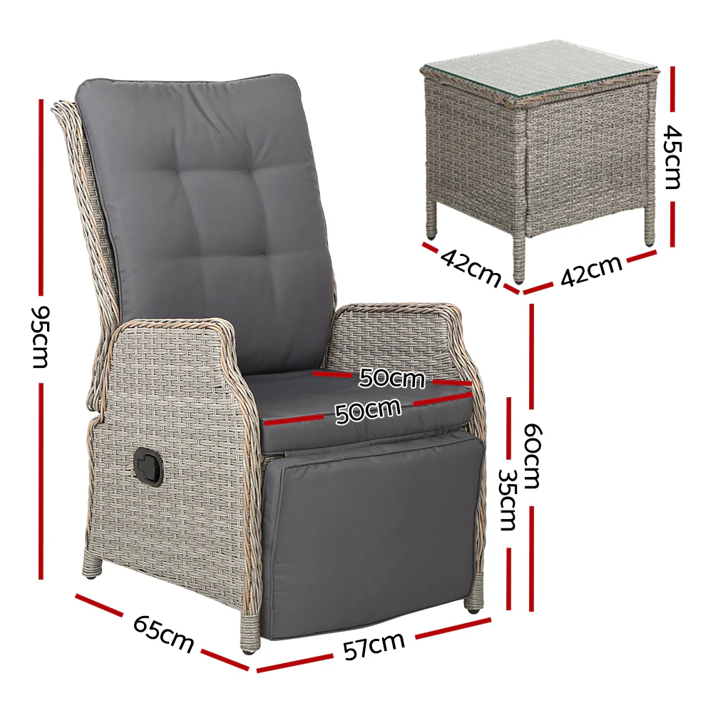 3PC Recliner Chairs Table Sun lounge Outdoor Furniture Wicker Adjustable Grey - Image 2