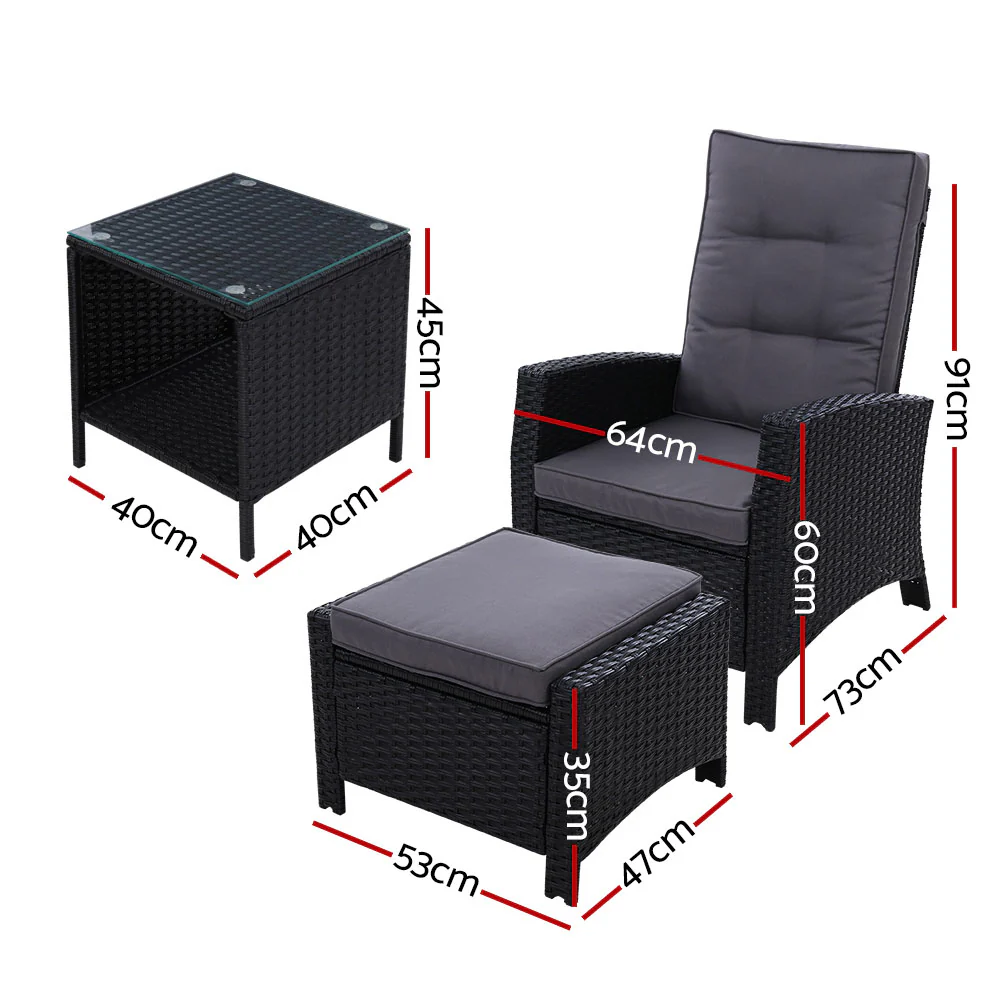 3PC Recliner Chairs Table Sun lounge Wicker Outdoor Furniture Adjustable Black - Image 2