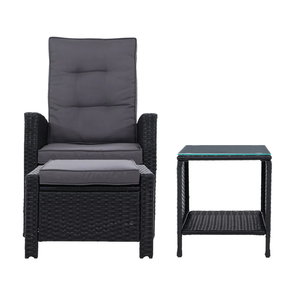 3PC Recliner Chairs Table Sun lounge Wicker Outdoor Furniture Adjustable Black - Image 3