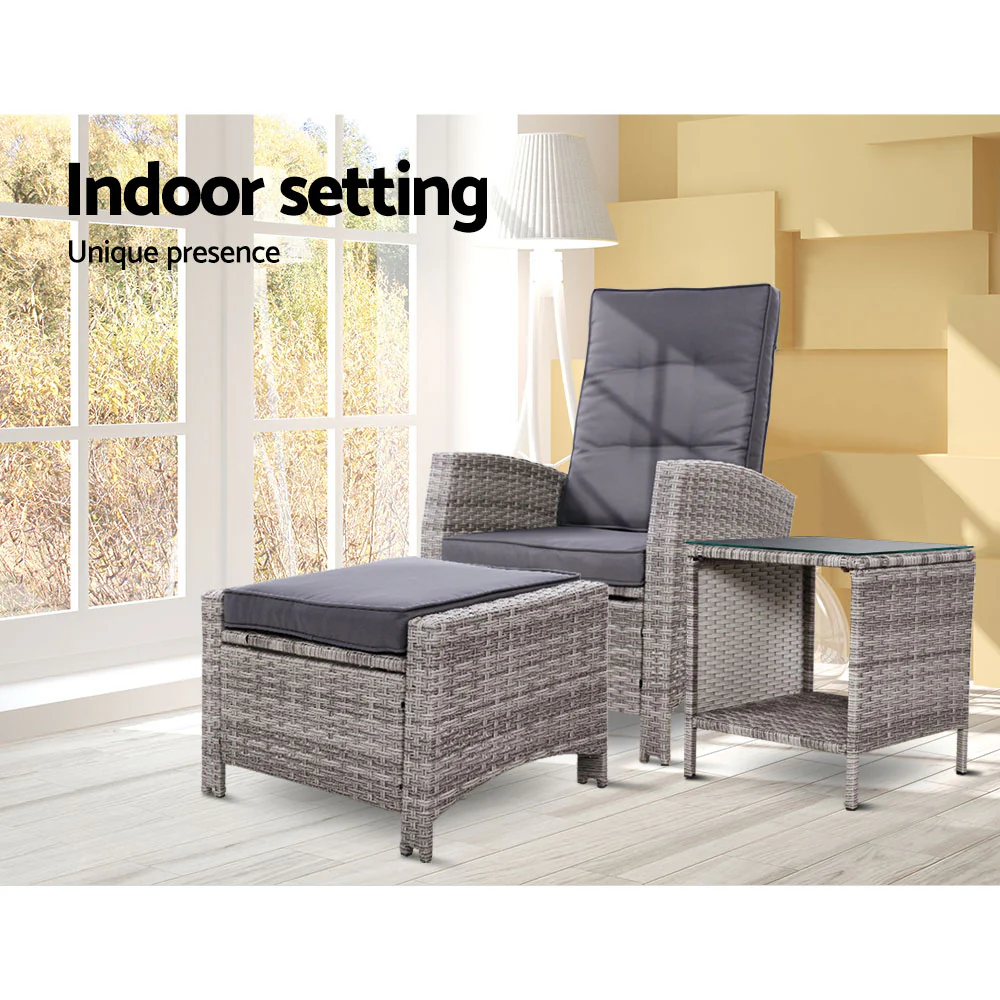 3PC Recliner Chairs Table Sun lounge Wicker Outdoor Furniture Adjustable Grey - Image 12