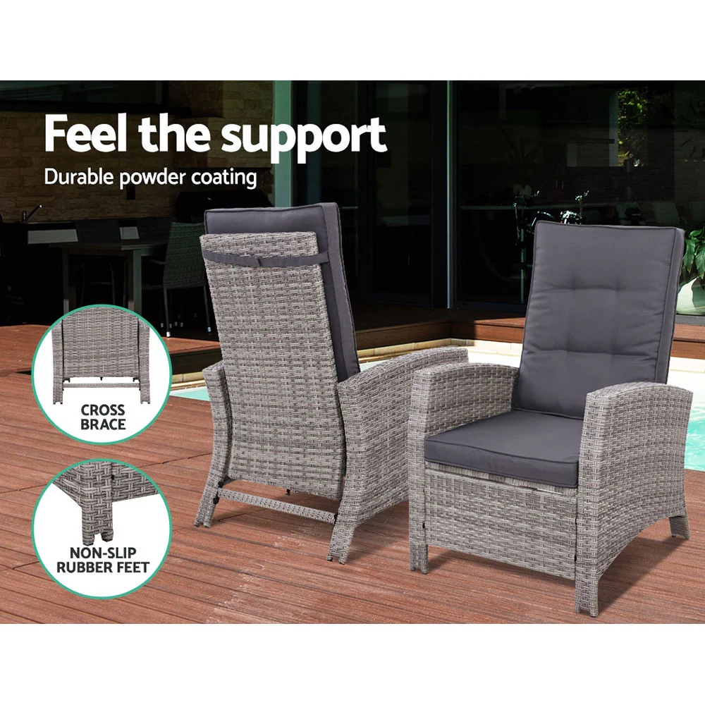 3PC Recliner Chairs Table Sun lounge Wicker Outdoor Furniture Adjustable Grey - Image 5