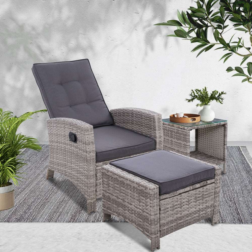 3PC Recliner Chairs Table Sun lounge Wicker Outdoor Furniture Adjustable Grey - Image 7