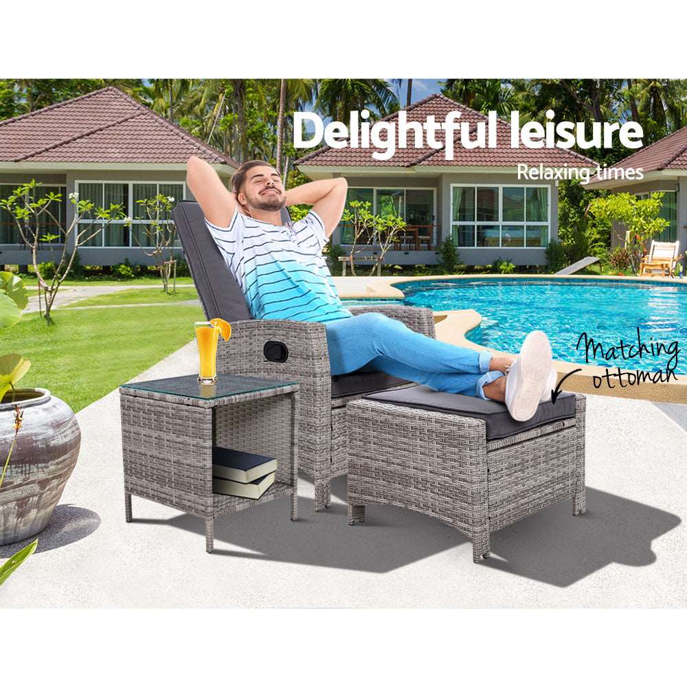 3PC Recliner Chairs Table Sun lounge Wicker Outdoor Furniture Adjustable Grey - Image 9