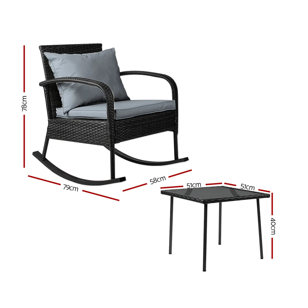 3PC Rocking Chair Table Wicker Outdoor Furniture Patio Bistro Set Black - Image 2
