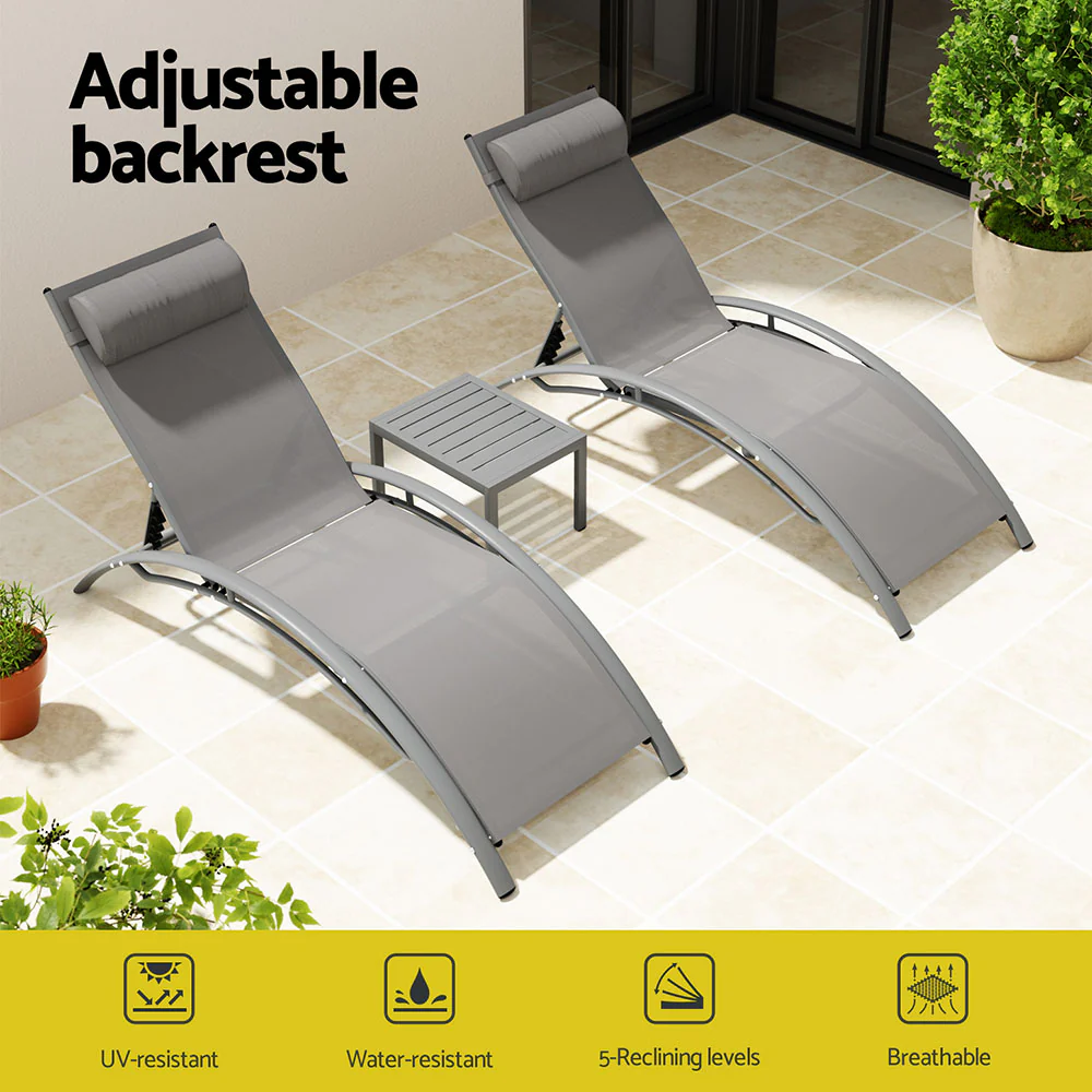 3PC Sun Lounge Outdoor Lounger Steel Table Chairs Patio Furniture Grey - Image 4