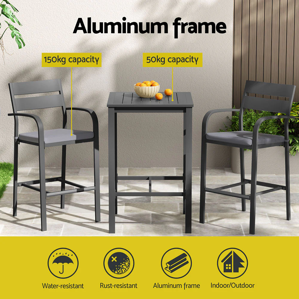 3Pcs Outdoor Bar Set Stools Dining Chairs Table Patio Aluminium Bistro Set Black - Image 4